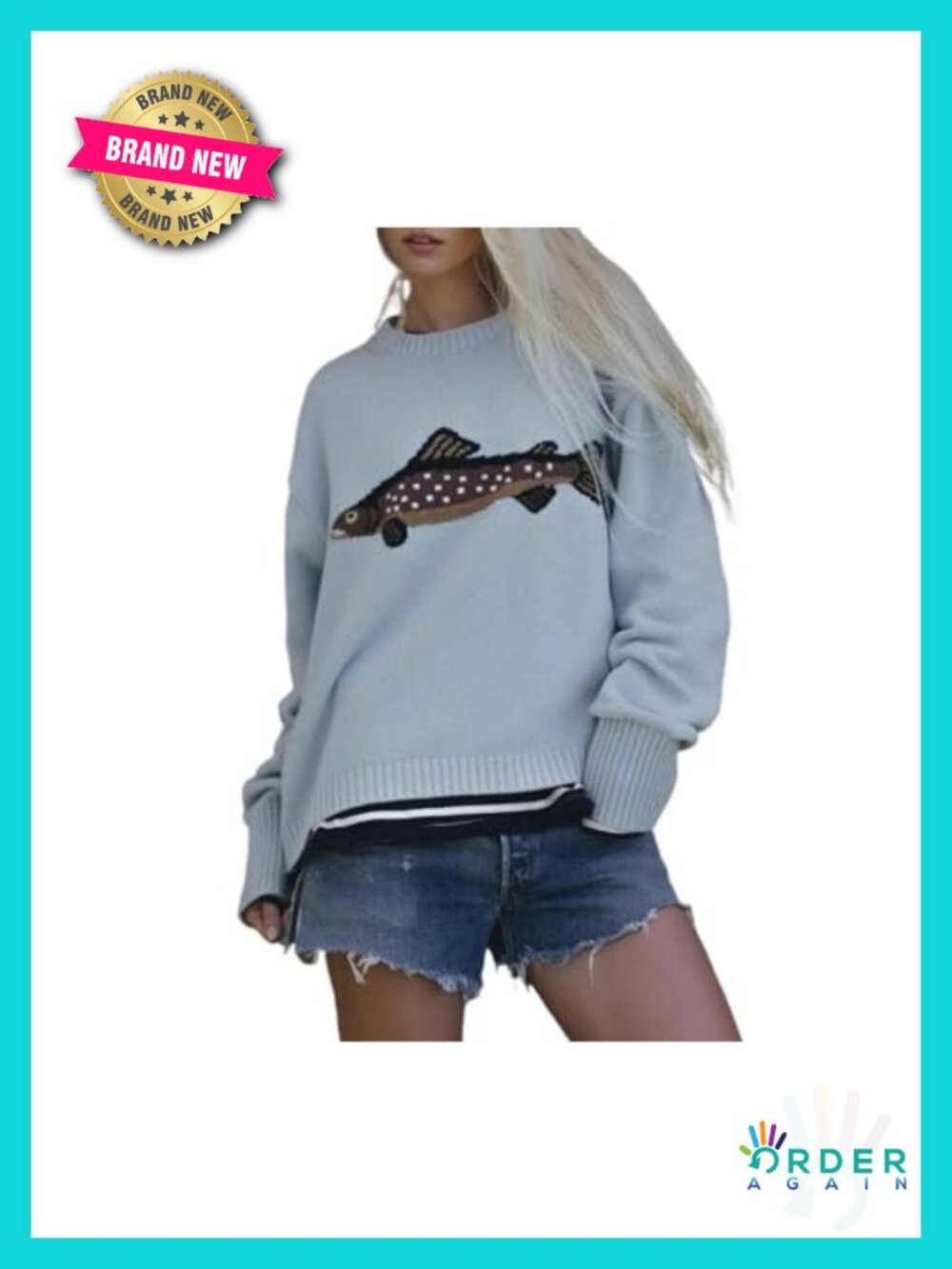 Fish Graphic Crochet Chunky Sweater Cottagecore Oversized Pullover